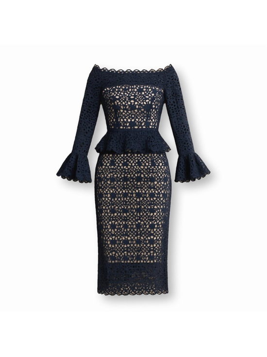 Monique Lhuillier Dresses & Skirts - Monique Lhuillier Navy Lace Peplum Long Ruffle Cuff Sleeve Evening Dress Size 10